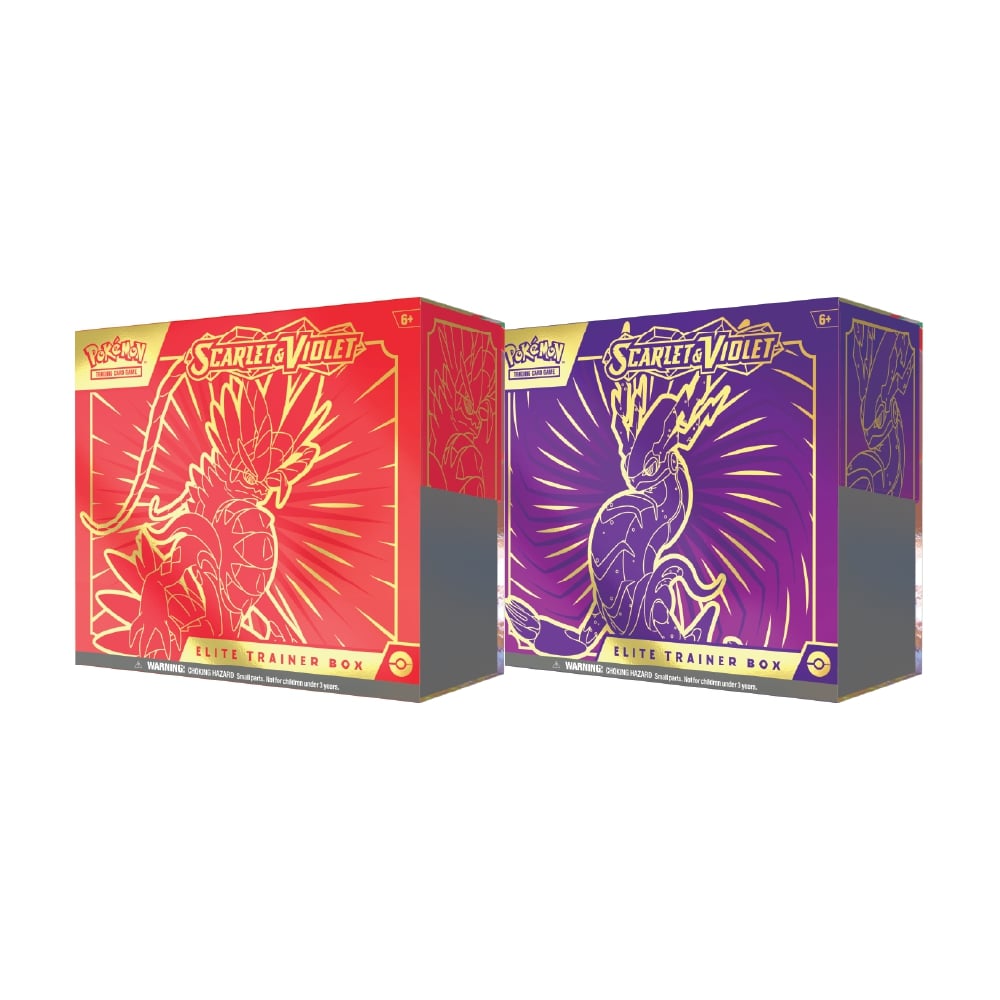 Scarlet & Violet Elite Trainer Box z 9 booster paketi, promo karto, 65 ovitki, energijskimi kartami in akrilnimi markerji.