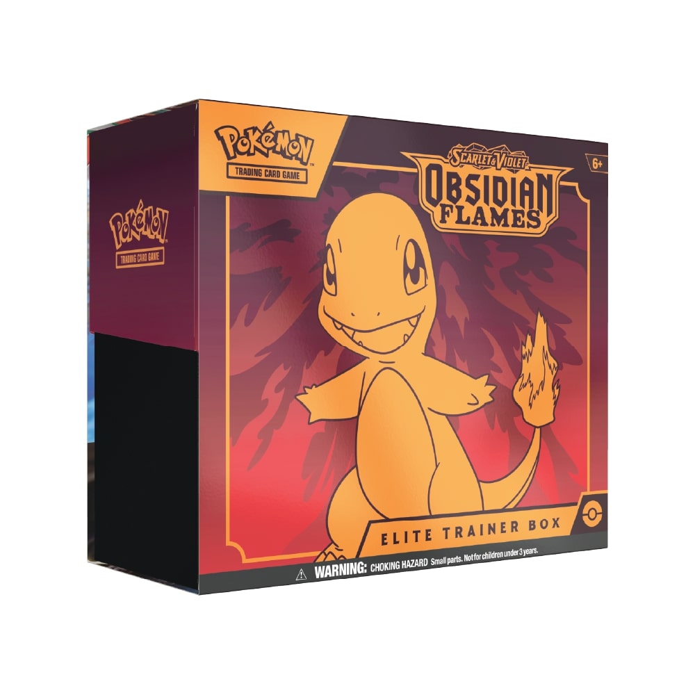 Pokémon Elite Trainer Box Scarlet & Violet Obsidian Flames z 9 booster paketi, promo karto, 65 ovitki in energijskimi kartami