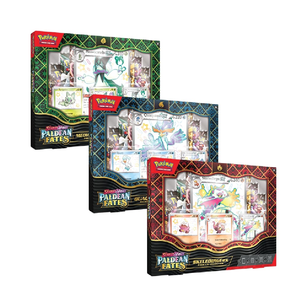 Premium Collection ex z 3 promo kartami, karto velikega formata, 8 booster paketi in magnetnim akrilnim stojalom za 3 karte.