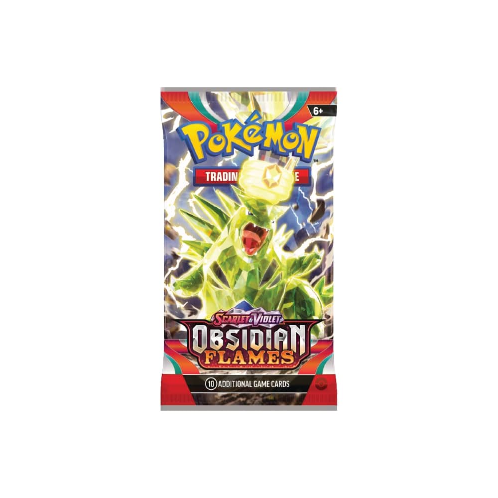 Booster paket Obsidian Flames vključuje 10 Pokémon kart, 1 osnovno energijo in kodo za spletno igro Pokémon TCG Online