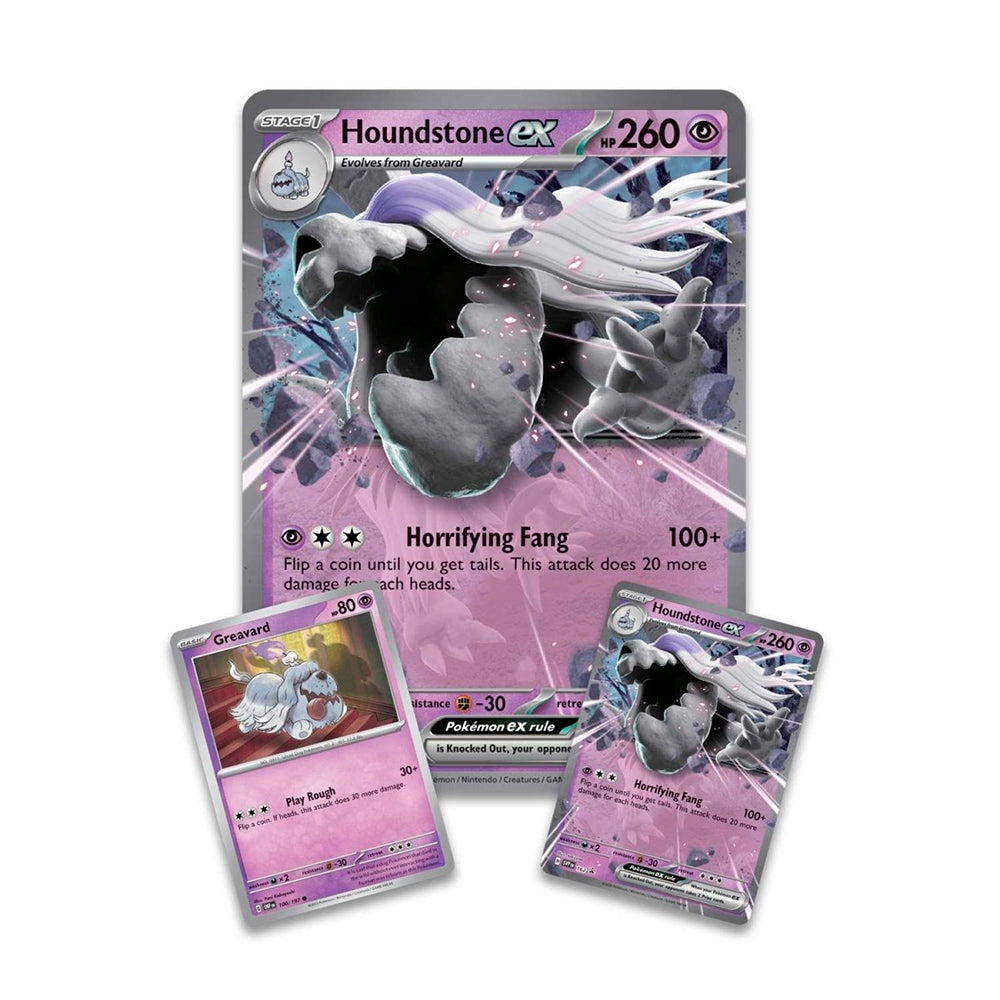 Pokémon TCG Houndstone ex Box with Houndstone and Greavard promo cards, jumbo card, and booster packs.
