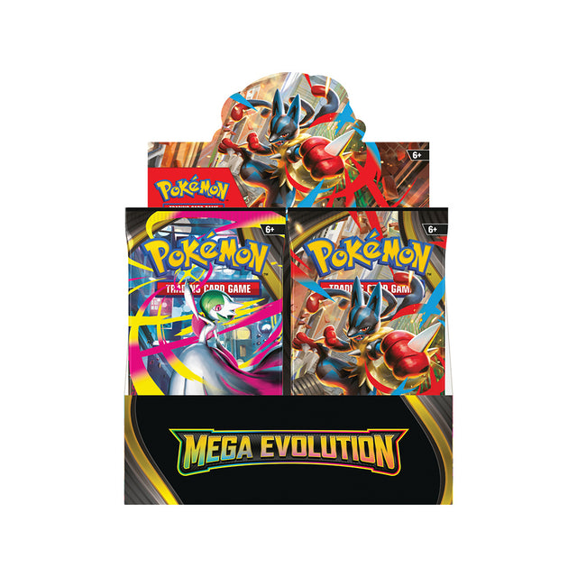 Pokemon TCG Mega Evolution Booster Box display with Lucario and Gardevoir artwork