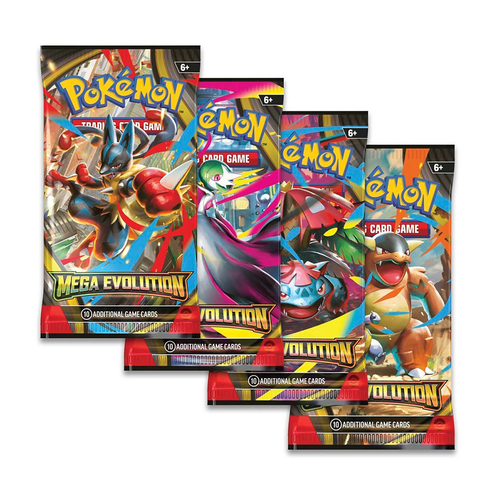 Pokemon TCG Mega Evolution booster packs featuring Lucario, Gardevoir, Venusaur and Khangaskan