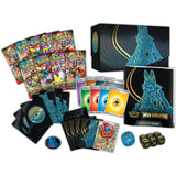 Pokémon TCG Mega Evolution Elite Trainer Box contents with booster packs, promo card, card sleeves, energy cards, dice, and accessories