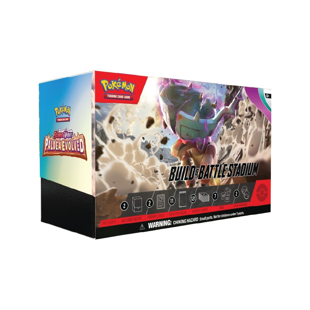 Paldea Evolved Build Battle Stadium vključuje 2 kompleta za igranje, 11 booster paketov, kocke in akrilne označevalce.