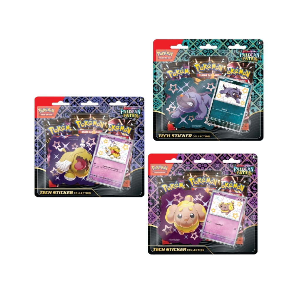 Paldean Fates Tech Sticker vsebuje 3 booster pakete, promo karto in nalepko, karte v booster paketih se razlikujejo.