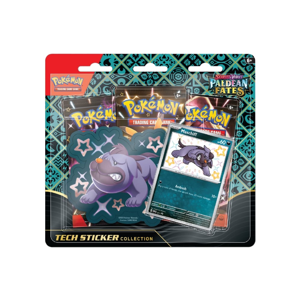Pokémon Paldean Fates Tech Sticker z 3 booster paketi, promo karto in nalepko, vsak booster vsebuje 10 kart in osnovno energijo.