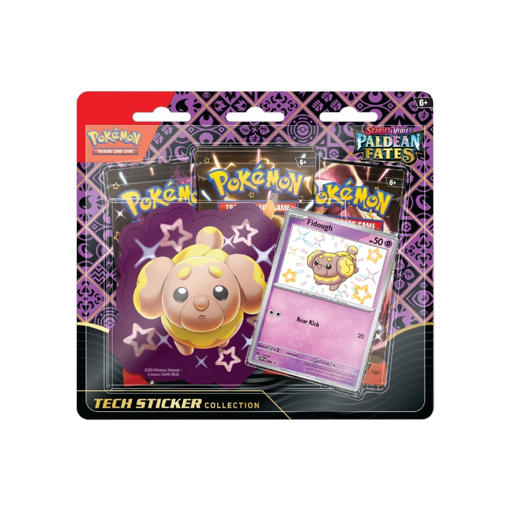 Tech Sticker Scarlet & Violet Paldean Fates vključuje 3 booster pakete, promo karto in nalepko, karte se razlikujejo glede na paket.