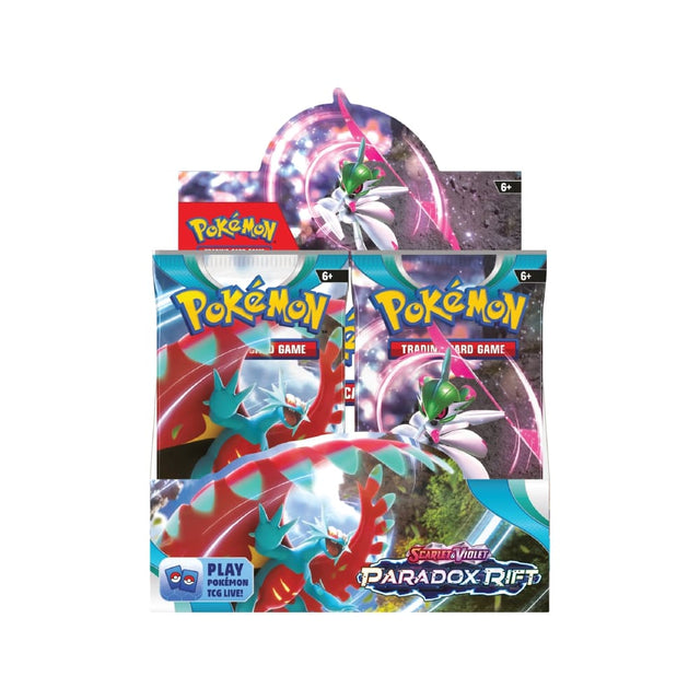 Škatla za booster pakete Paradox Rift vsebuje 36 paketov, vsak z naključnimi kartami in osnovno energijo za Pokémon TCG.